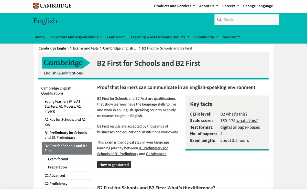 劍橋 B2 First for Schools 官方頁面截圖，Key facts 顯示 4 份考卷約 3.5 小時