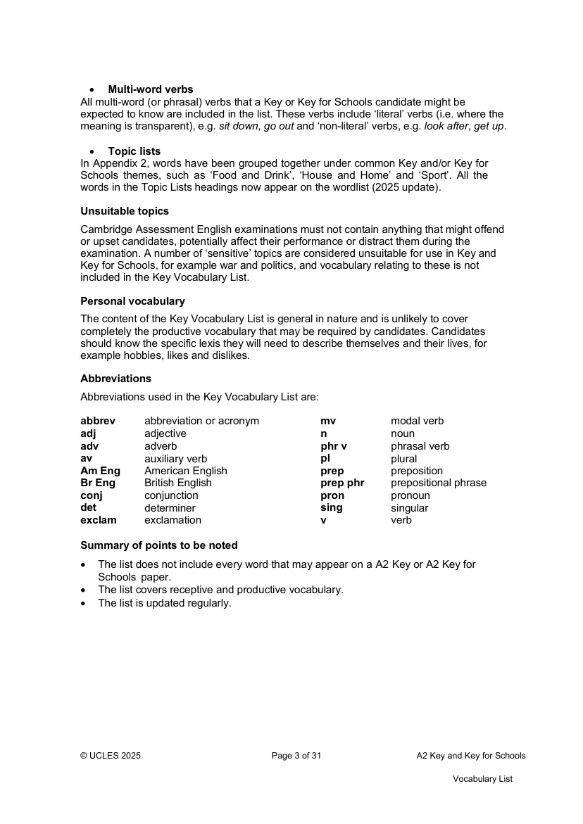 劍橋 A2 Key 官方字彙表 PDF 內頁
