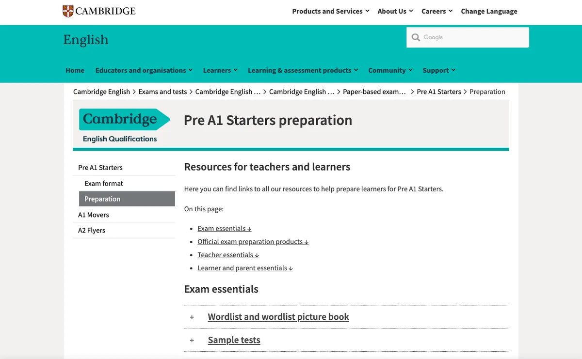 劍橋 Pre A1 Starters 官方準備資源頁截圖