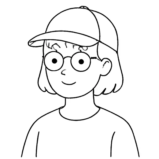 A girl with short hair, glasses, and a red cap