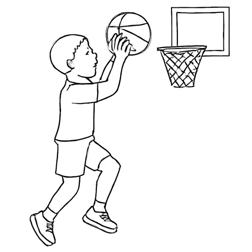 A boy in shorts shooting a basketball toward a hoop