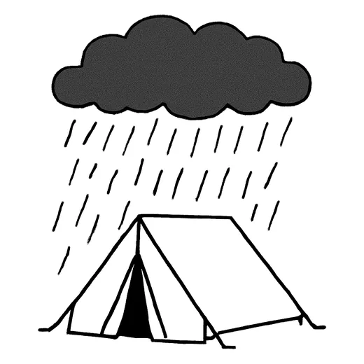 A dark grey cloud with heavy rain falling onto a tent