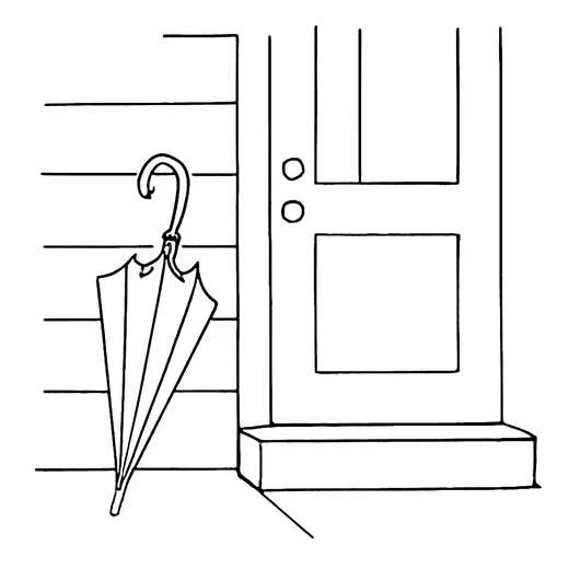A yellow umbrella standing beside the front door of a house