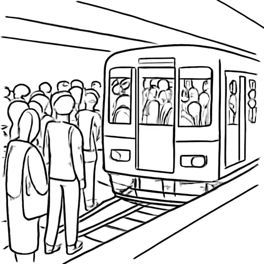 A crowded MRT train arriving at a busy platform